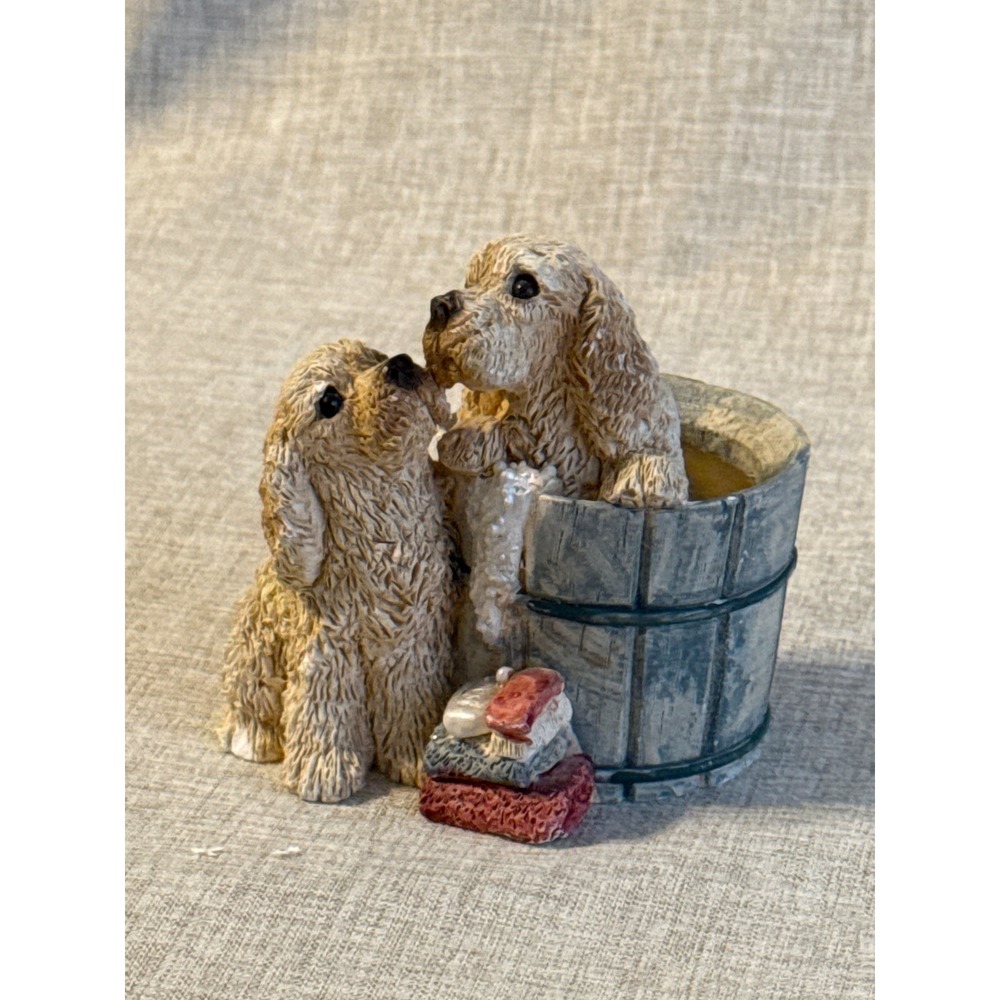 Adorable Cocker Spaniel Dog Couple Washing Tub Figurine Handmade USA Vintage 4"